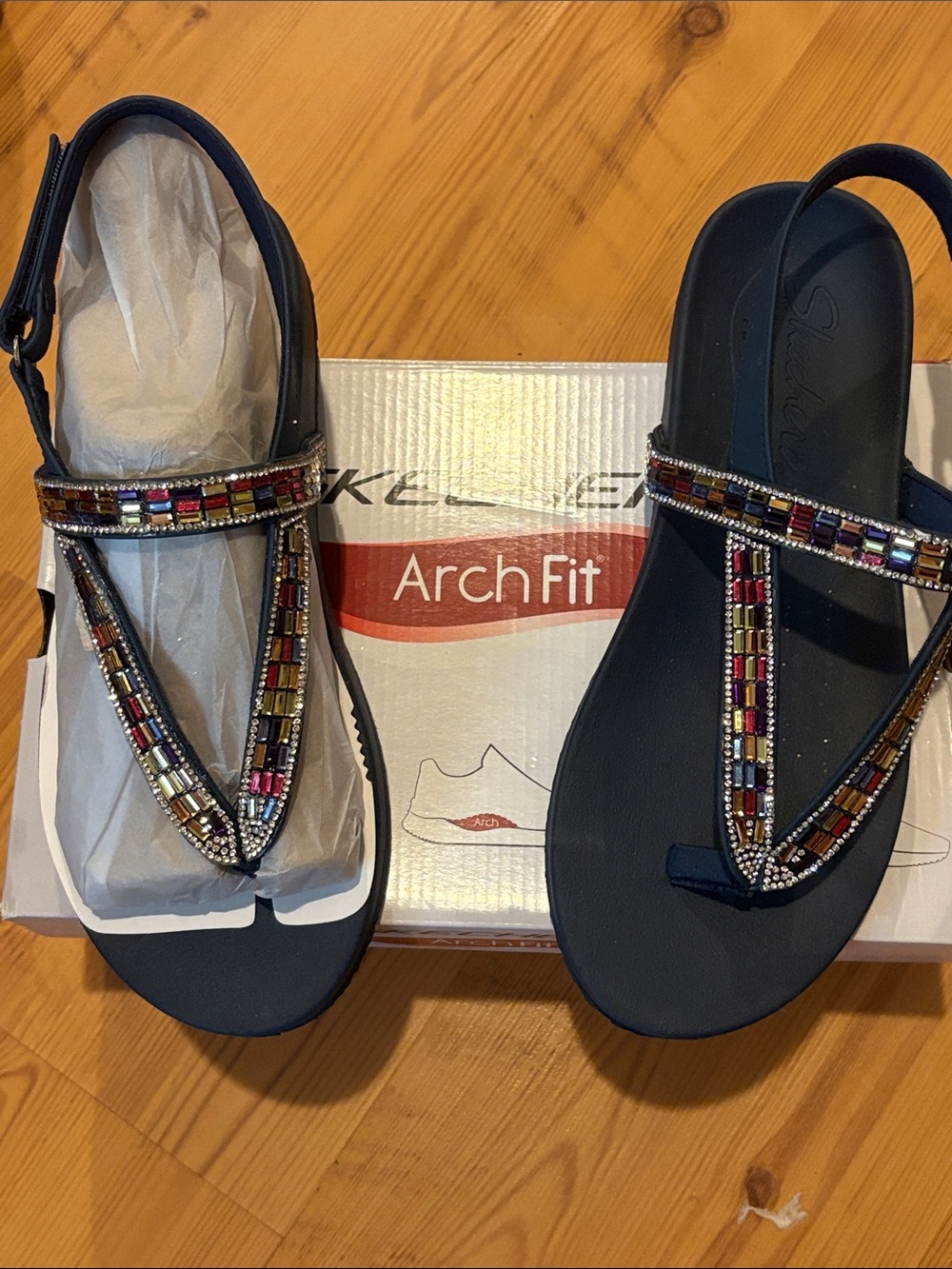 Skechers Blue Beaded T-Strap Arch Fit Sandals
